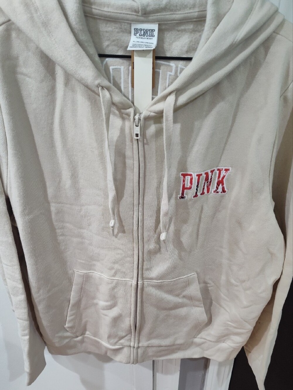 PINK Victoria's Secret Beige Zip-Up Hoodie with Red Logo - Picture 2 of 7